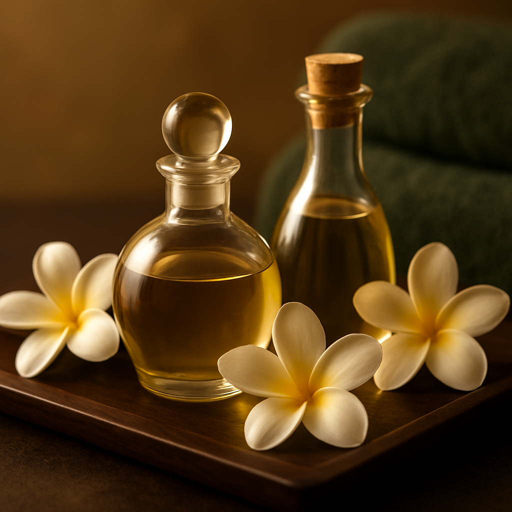Spa oils and frangipani flowers on a wooden tray