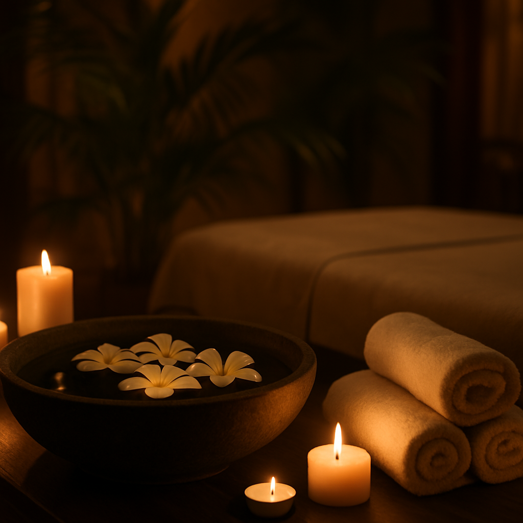 Serene Balinese spa setting with frangipani flowers, candles, and tropical foliage